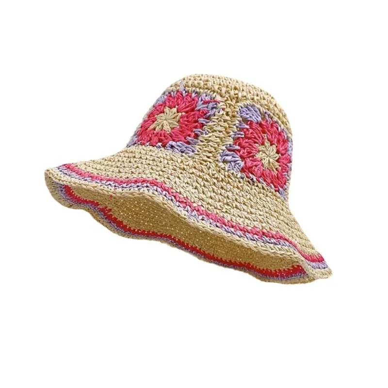 Fashion Summer Japanese Rainbow Woven Women\'s Sunscreen Visor Straw Hat Protective Fisherman Hats Panama Hollow Beach Sun Caps