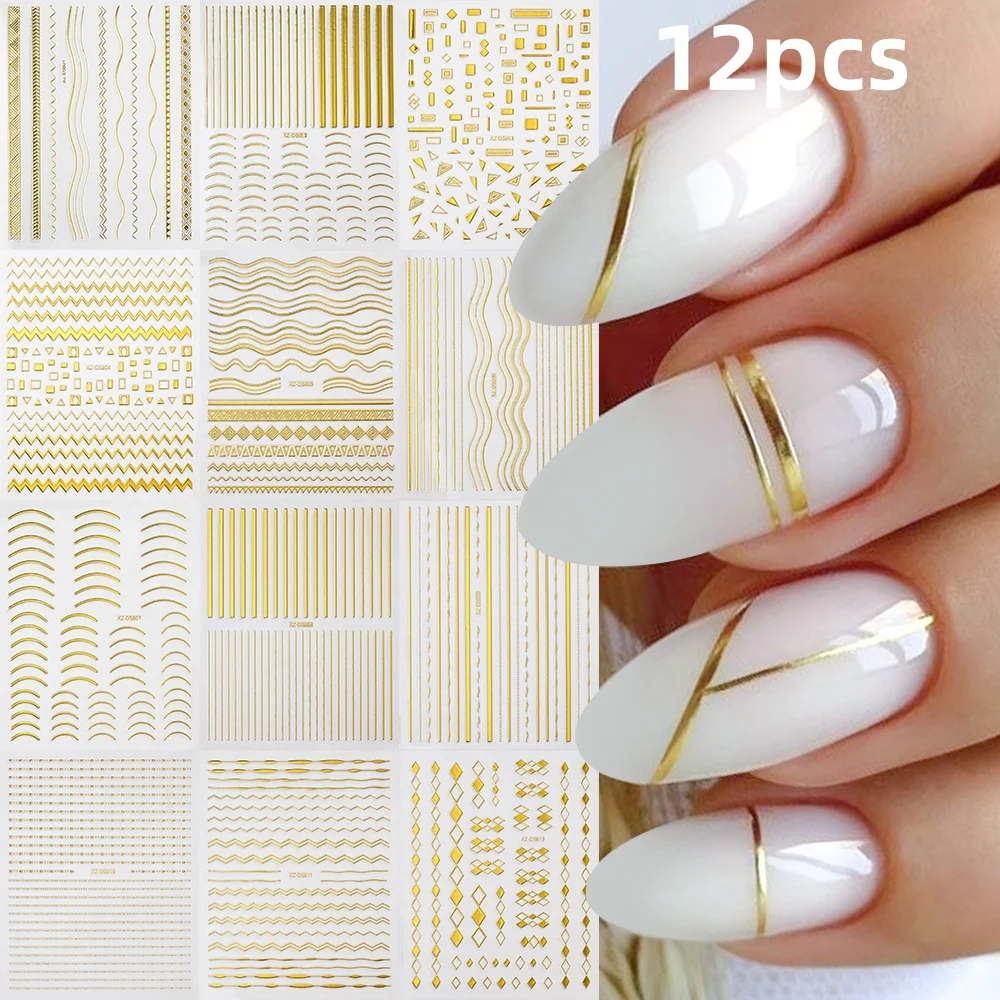 12 sztuk 3D złote metaliczne naklejki do paznokci z nieregularnymi paskami francuskie metaliczne faliste linie samoprzylepne naklejki DIY materiały do ​​paznokci