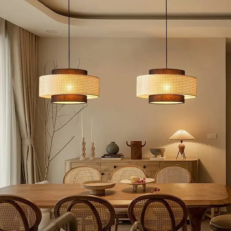 Modern Handmade Woven Rattan Chandeliers Living Room Restaurant Kitchen Tea  Led Pendant Lamp Bamboo Decor Lighting Fixtures