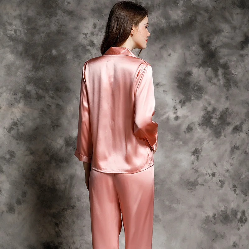 

High Quality Real Silk Pajamas Women's Spring and Autumn Two-Piece Home Wear Long Sleeve Suit