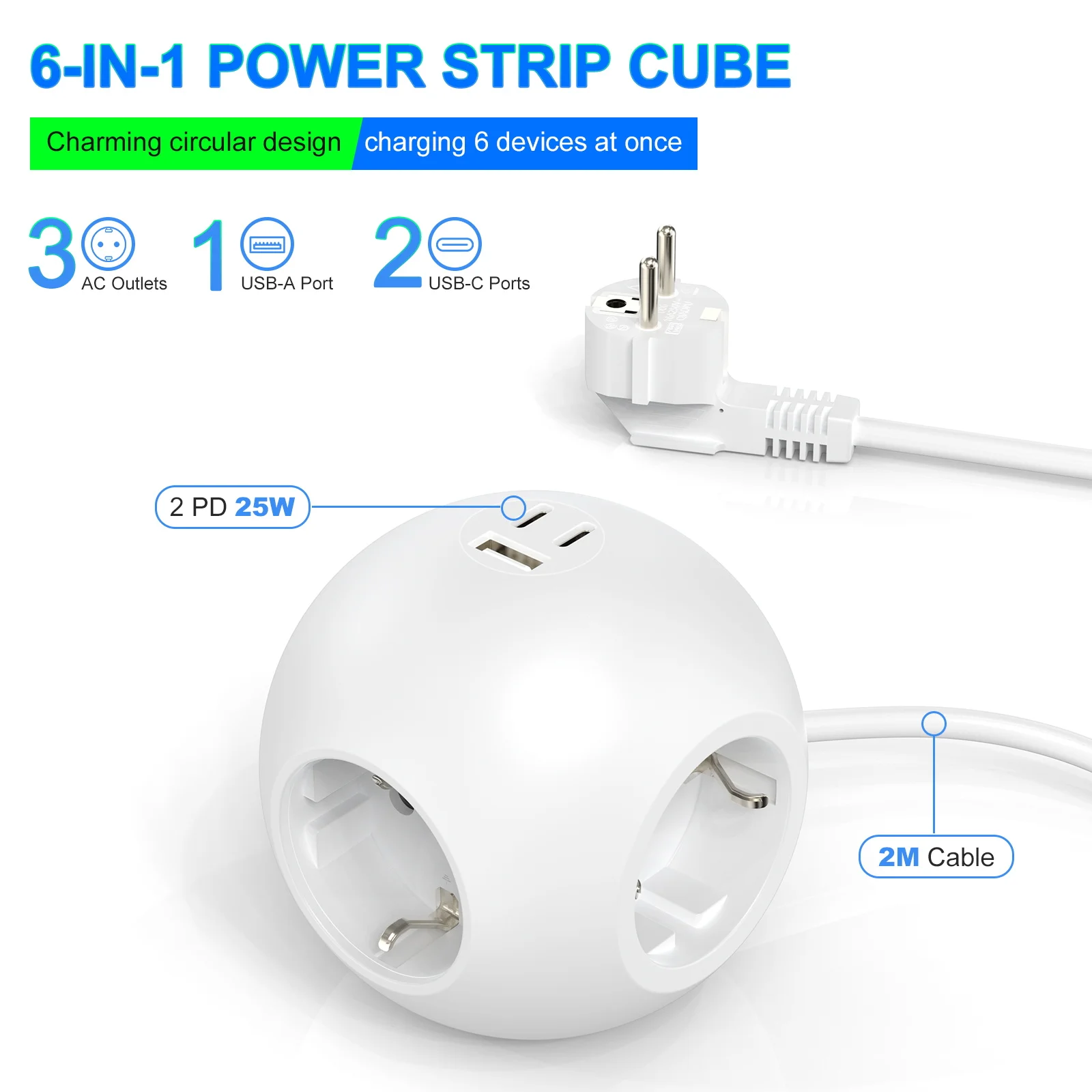 6-in-1 Multifunctional Cube Socket PD25W Fast Charging with 2 USB-C/USB-A 2-Metre Extension Cord Suitable for Home and Travel