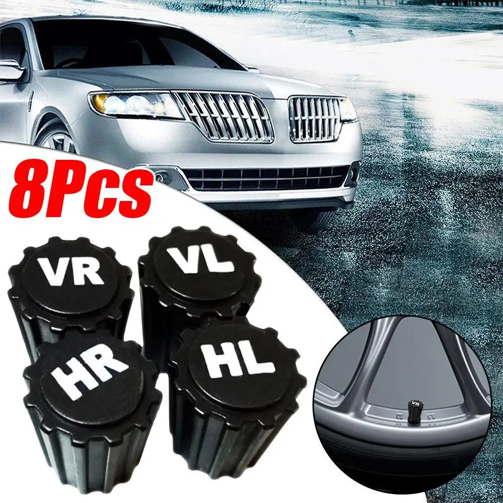 8Pcs Car Tire Valve Stem Dust Caps Dustproof Wheel Air Valve Cover With VR VL HR HL Printing US Schrader ABS Tyre Cap Auto Part