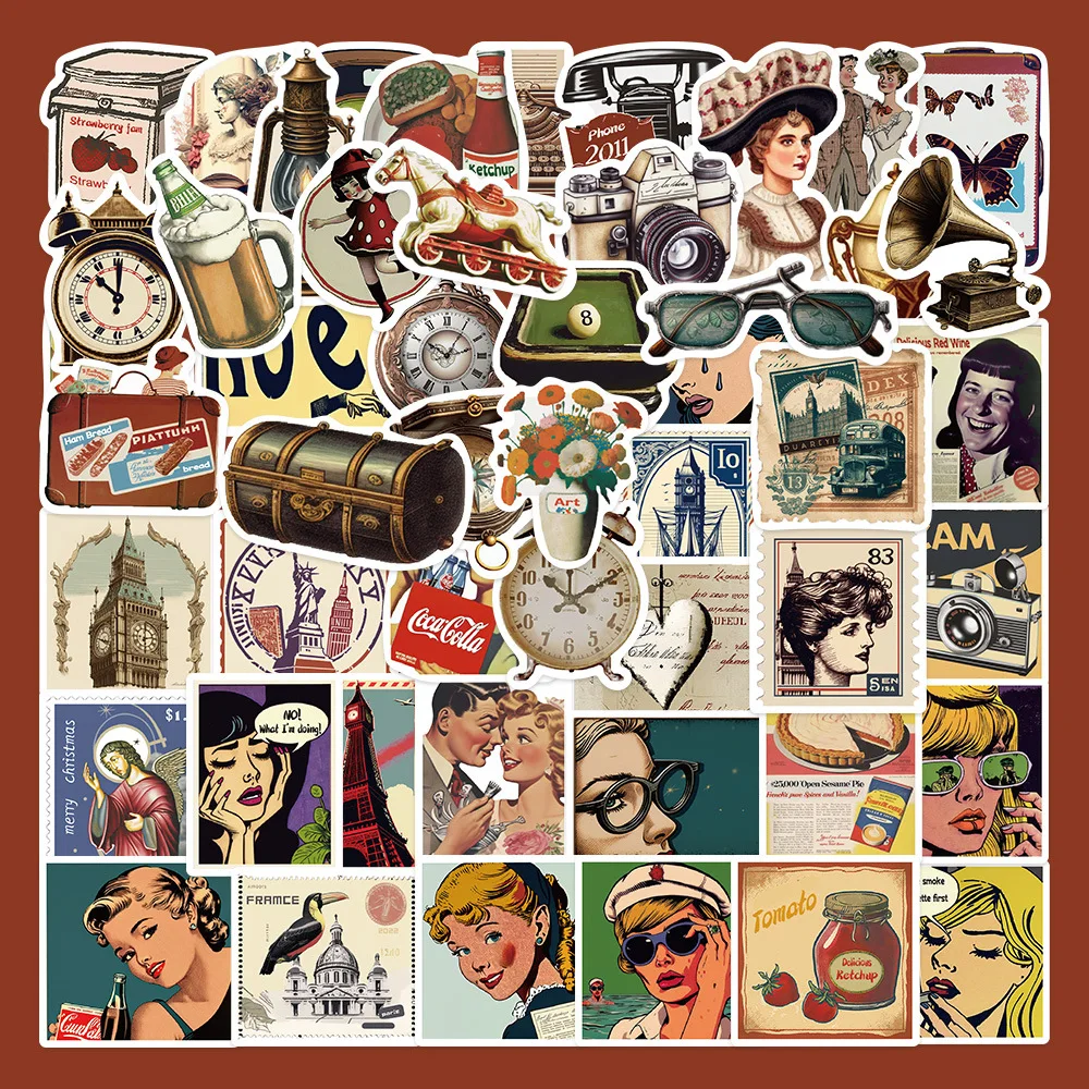 50pcs Cartoon Retro Things Series Graffiti Stickers for Laptop Helmets Desktop Decoration Stickers DIY Toys