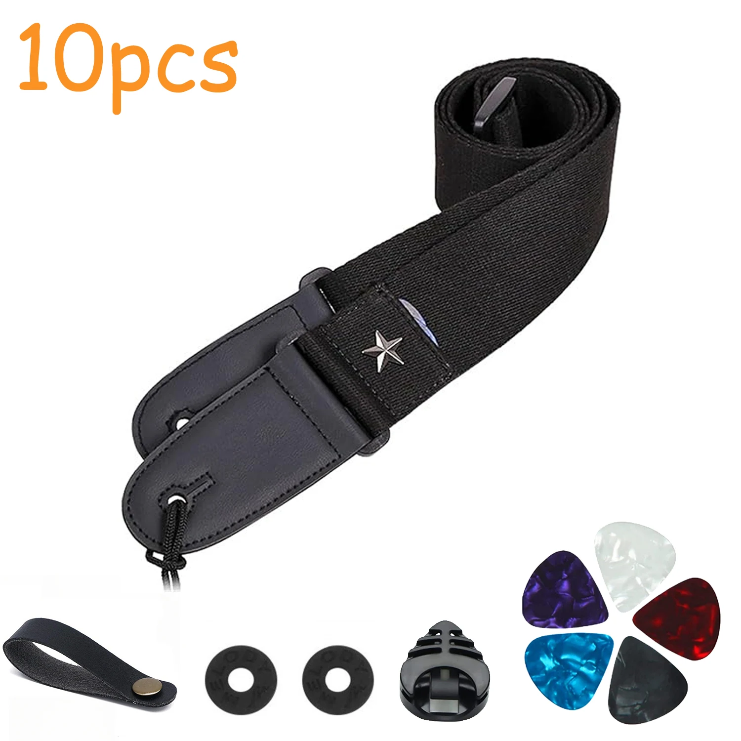 10pcs Guitar Strap with Pick Holder Star Shoulder Straps Adjustable Leather Ends,Include 5 Guitar Picks and 1 Hold and 2 Washers