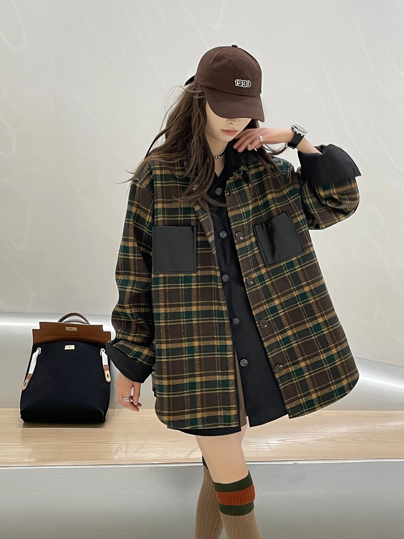 

Женское пальто HADTOFOUR с крупным клетчатым узором, новое, весеннее, теплое, свободного кроя, индивидуальный дизайн, коричневый узор