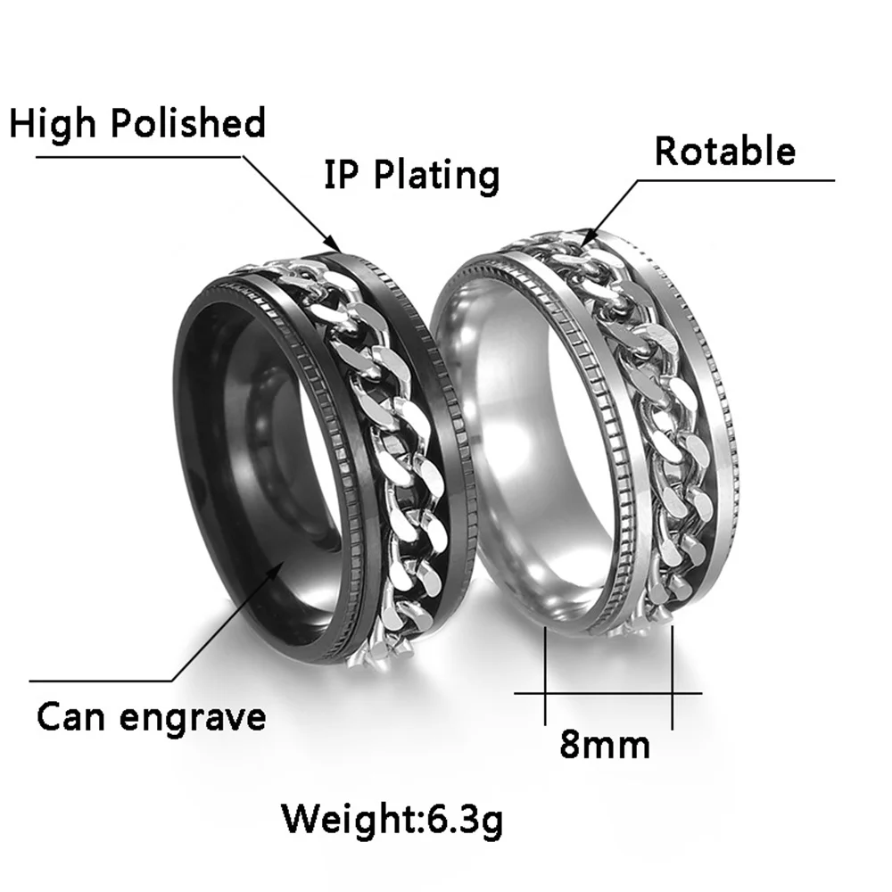 Anxiety Fidget Spinner Rings for Men Stainless Steel Spinning Rotatable Cuban Chain Ring for Women Punk Rock Anti Stress Jewelry