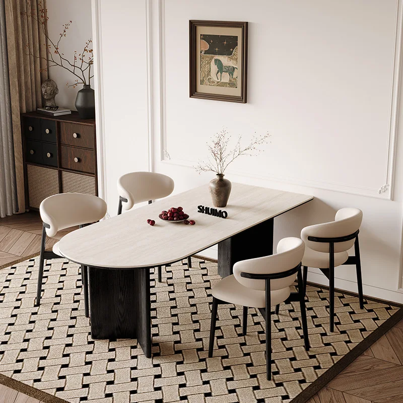 

Rock slab travertine French household small apartment light luxury cream semicircular rectangular dining table