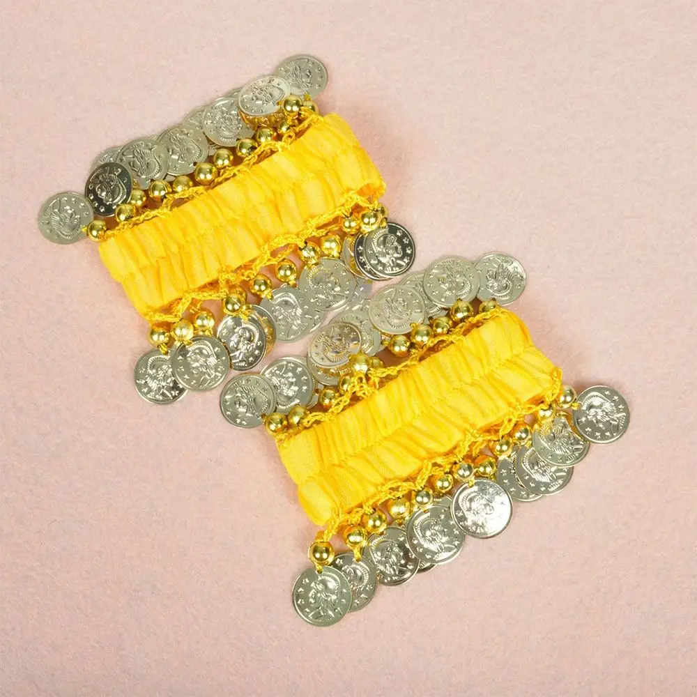 

Пара аксессуаров для танца живота: шифоновые браслеты на запястья с золотыми монетами, браслеты-качалки на руку