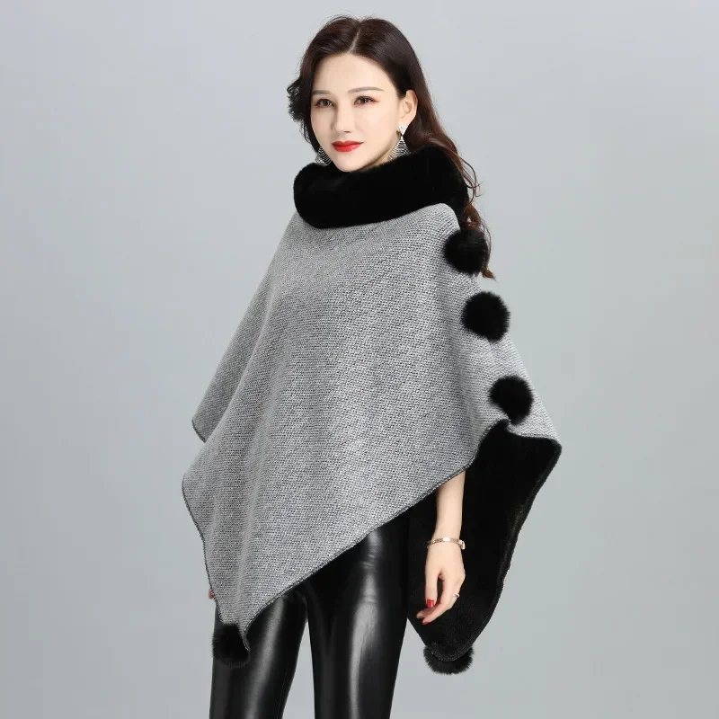 6 Colors Women Faux Rabbit Fur Pompon Triangle Pullover Streetwear Shawl Coat Winter Thick Loose Poncho Capes O Neck Ball Cloak