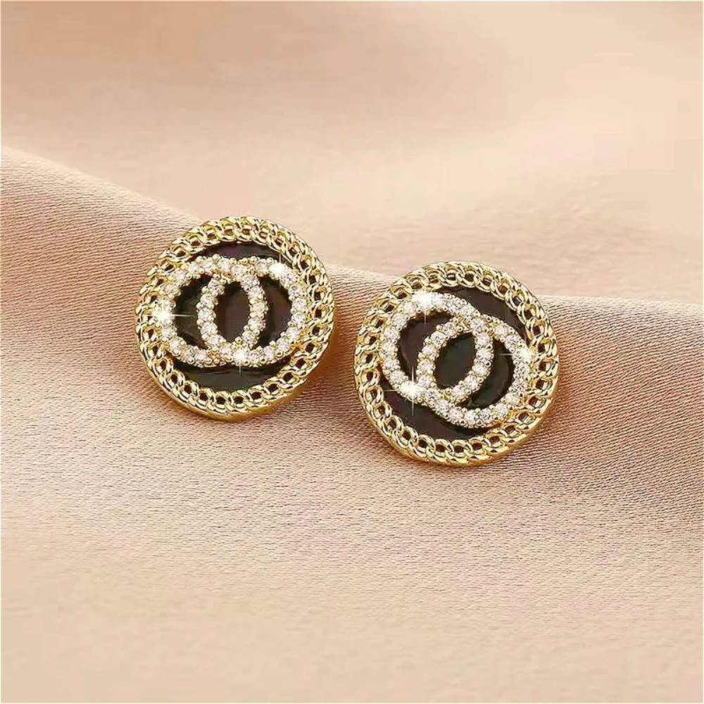 Black Enamel Crystal Double Round Circles Stud Earring for Women Korean Style Sweet Simple Jewelry Brincos Wholesale Girl Gift