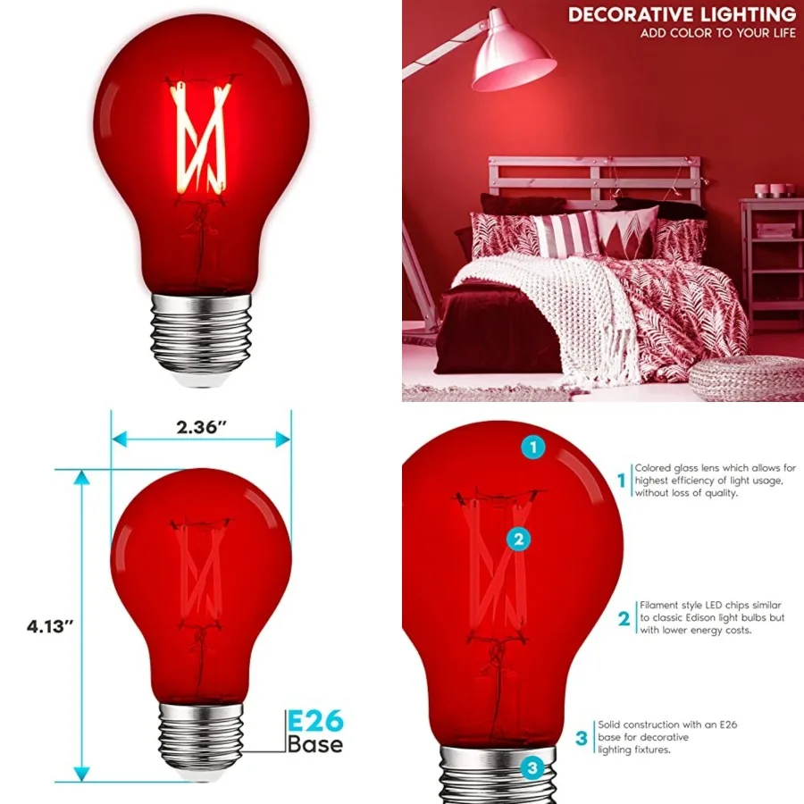 

A19 Edison LED Light Bulb, 4.5W 60W Equivalent,Colo Glass Filament, UL Listed, E26 Standard Base, Indoor Outdoor, Porch, Decora
