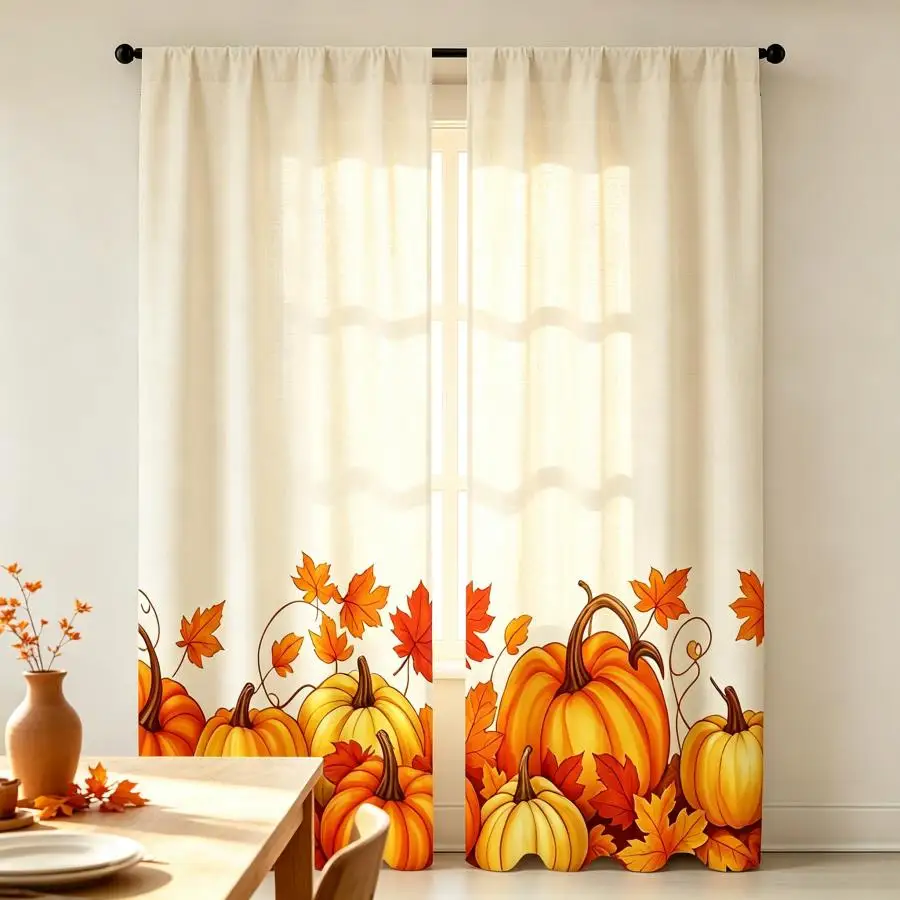 2PCS Digital Print Curtain, Bottom Border Pumpkin Halloween Fall, Autumn Spooky Simple for Bedroom Living Room Kitchen