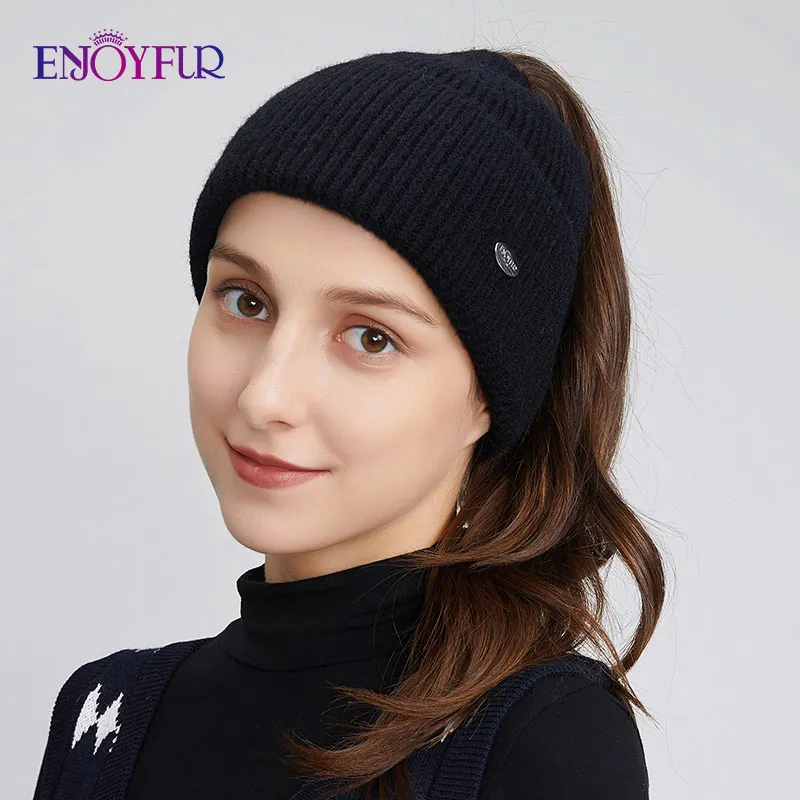 ENJOYFUR Women Winter Knit Ponytail Hats Warm Messy High Bun Autumn Beanie Tail Soft Stretch Female Outdoor Runner Knitted Caps