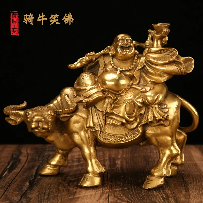 

Wholesale Copper Laughing Buddha Riding a Cow Pure Brass Worship Living Room Entrance Decoration