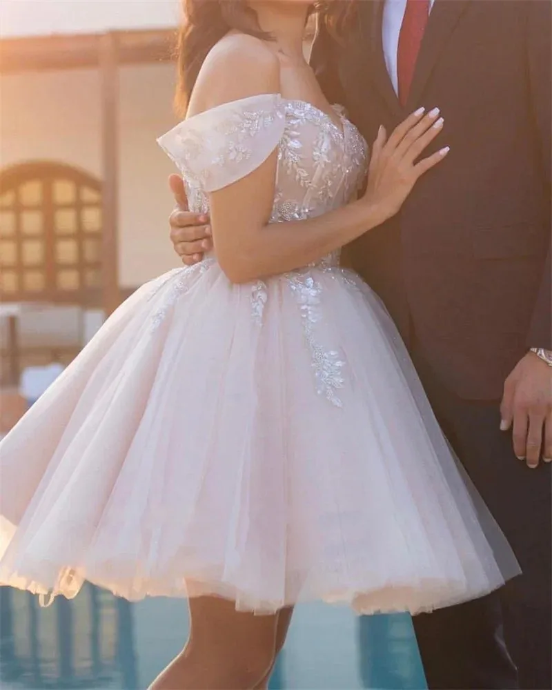 

Sexy Shrort Wedding Dress Off Shoulder Sequins Lace Buttons Back Short/Mini Beach Bride Party Gowns Vestidos De Noiva