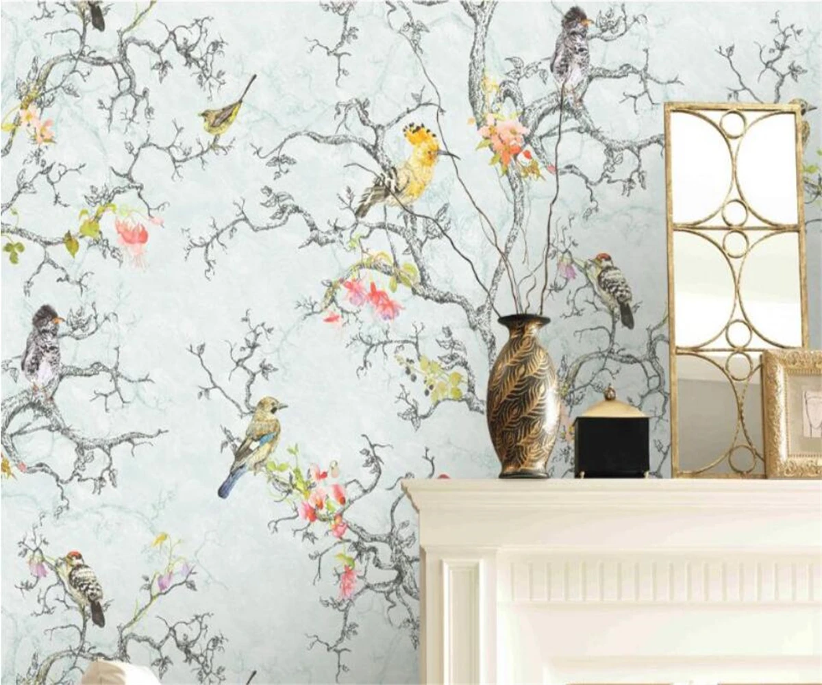 Hand painted flower and bird tile pattern Embossed material self-adhesive material wallpaper background wall home decoration