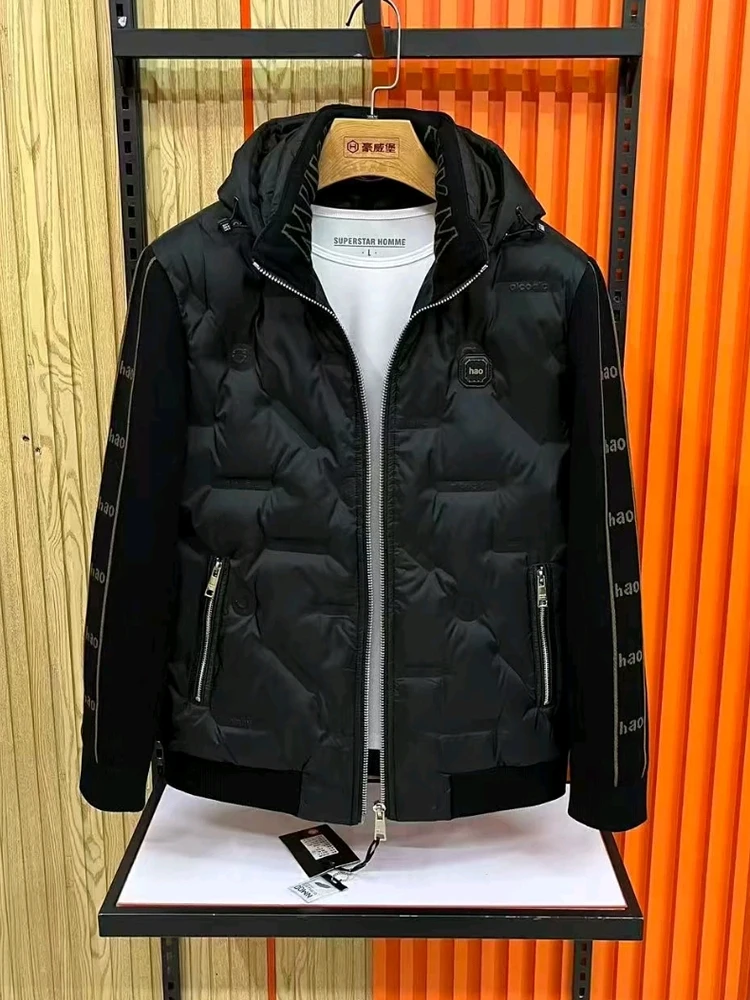 

Высококачественная мужская вязаная куртка-пуховик с капюшоном на молнии, приталенного кроя, осенне-зимняя, новинка, молодежная верхняя одежда