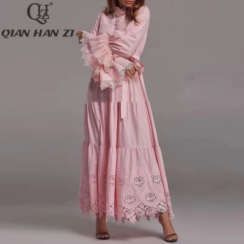 

QHZ Fashion Vintage Luxury Maxi Dress Women Flare Sleeve cotton Belt slim Lace ruffle Elegant Hollow out embroidery Long dress