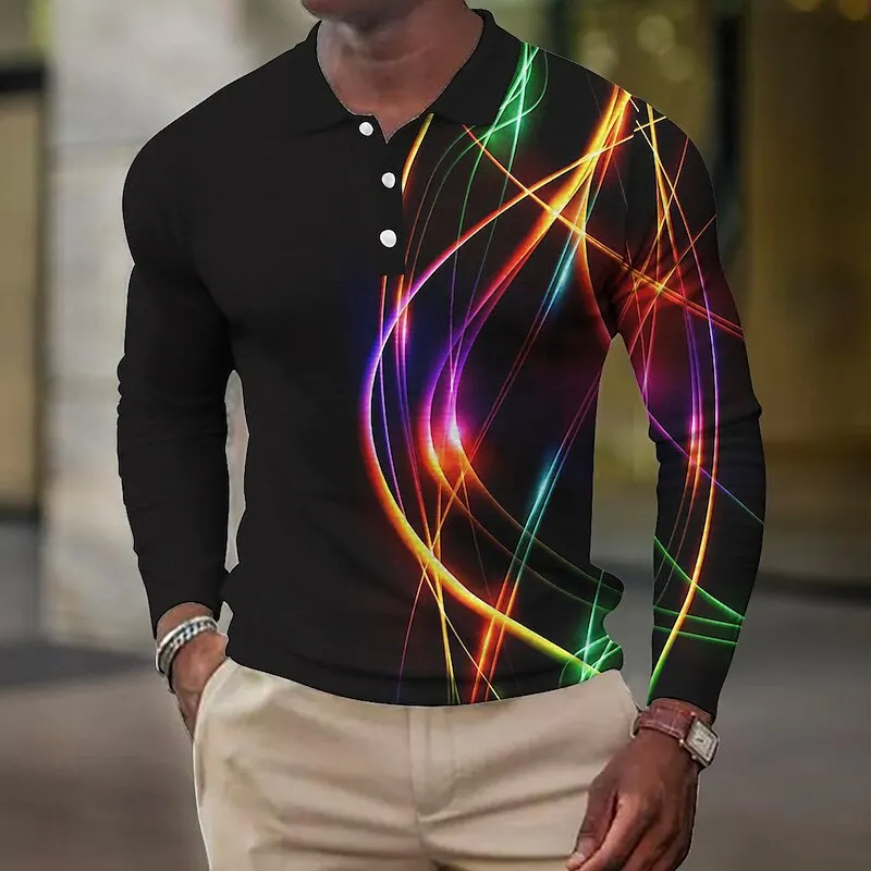 

Men's Colorful Line Printed Long Sleeve Polo Shirt Lapel Sports Leisure Outdoor Office Daily Wear Button Spring Autumn Winter