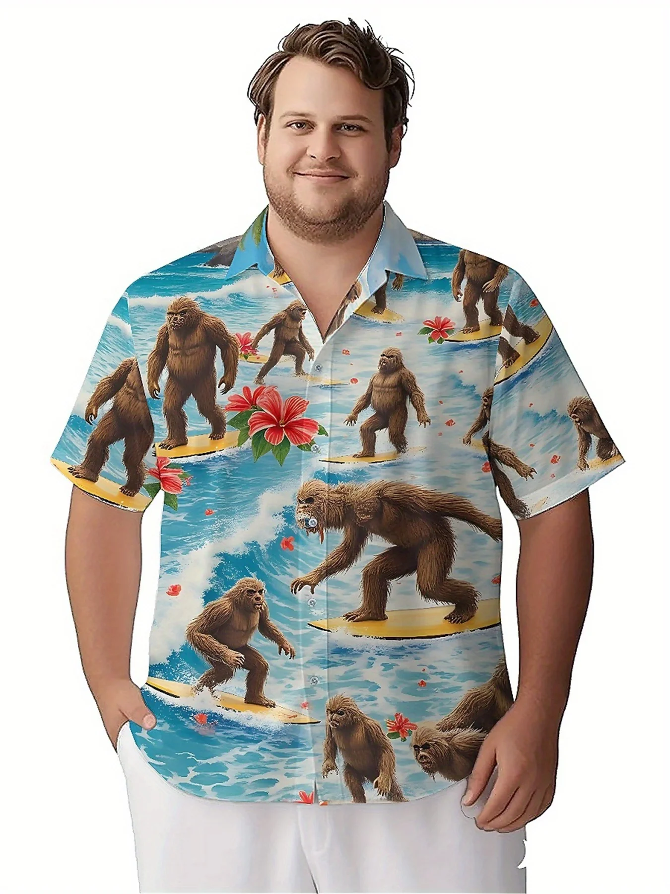 Men's Plus Size Hawaiian Shirts Sasquatch Tropical Surfing Adventure pattern,Premium Comfort Youth Clothes,Streetwear Y2K Tops