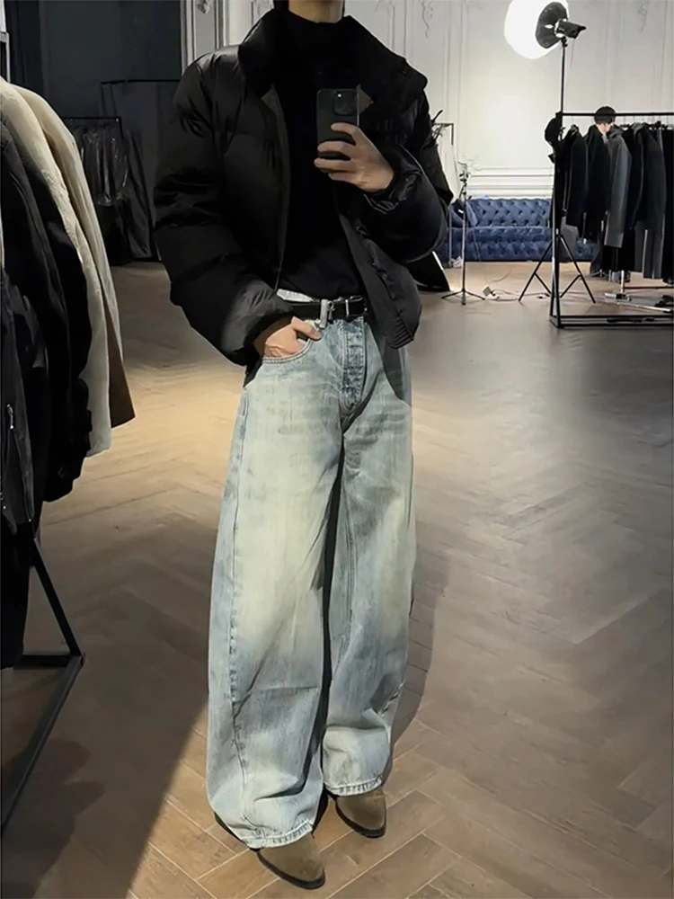 

Мужские синие джинсы прямого кроя с широкими штанинами в американском стиле High Street, повседневные свободные джинсы CleanFit с микро-клешем