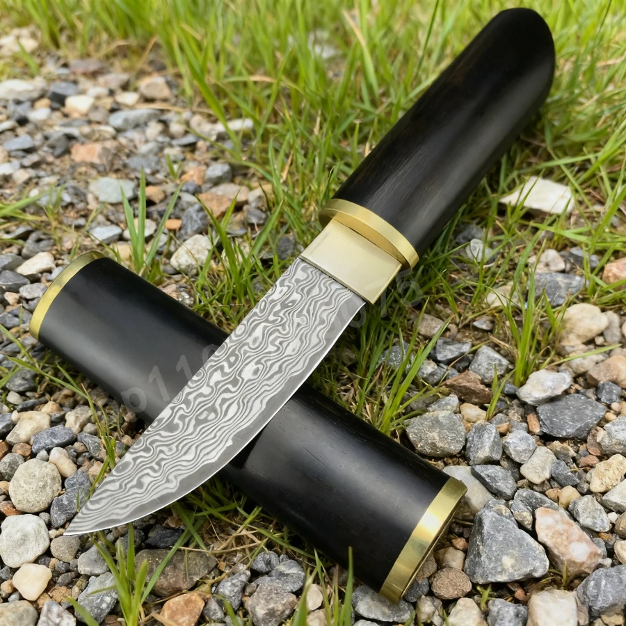 

Открытый прямой нож высокой твердости, лезвие из дамасской стали, черное дерево + латунная ручка, портативный тактический нож для выживания, самообороны