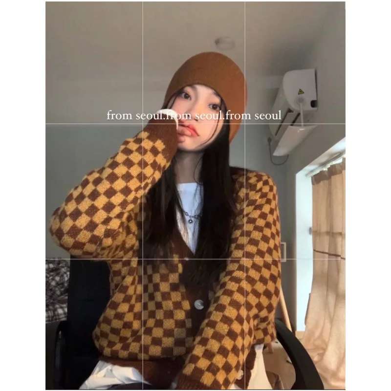 Women\'s Clothing Brown Knitting Sweater Cardigan Long Sleeves Cashmere Vintage 2024 Spring Fashion Checkered Baggy Ladies Tops