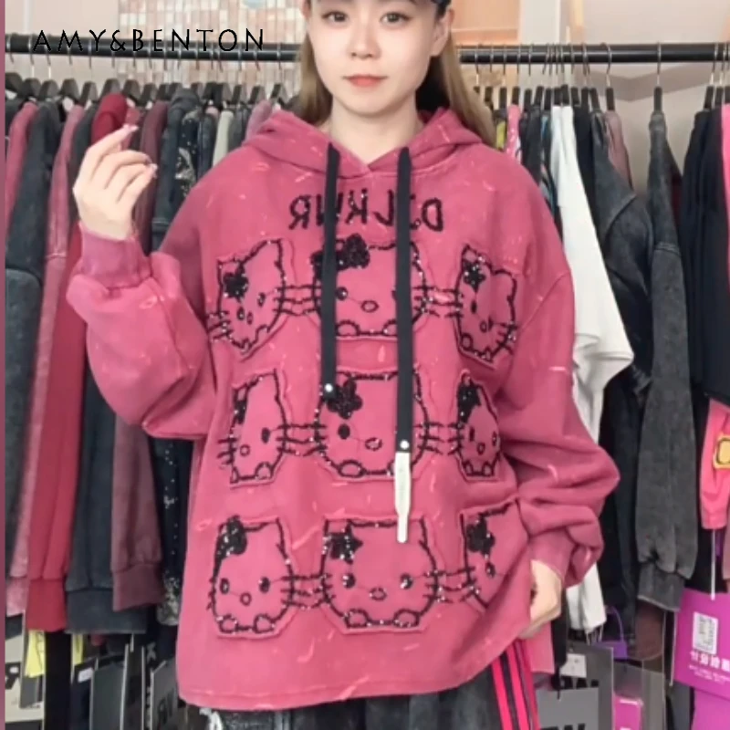 

Fashion Brand Autumn Heavy Industry Cartoon Cute Sweet Oversized Loose Jacket Fashion Hooded Sweatshirt Top For Women's Hoodies
