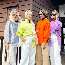 Fashion Women Long Sleeve Tops Collars Button Drown Shirt Muslim Blouse Dubai Turkey Abaya Islam Clothing Basic Shirts 15 Colors