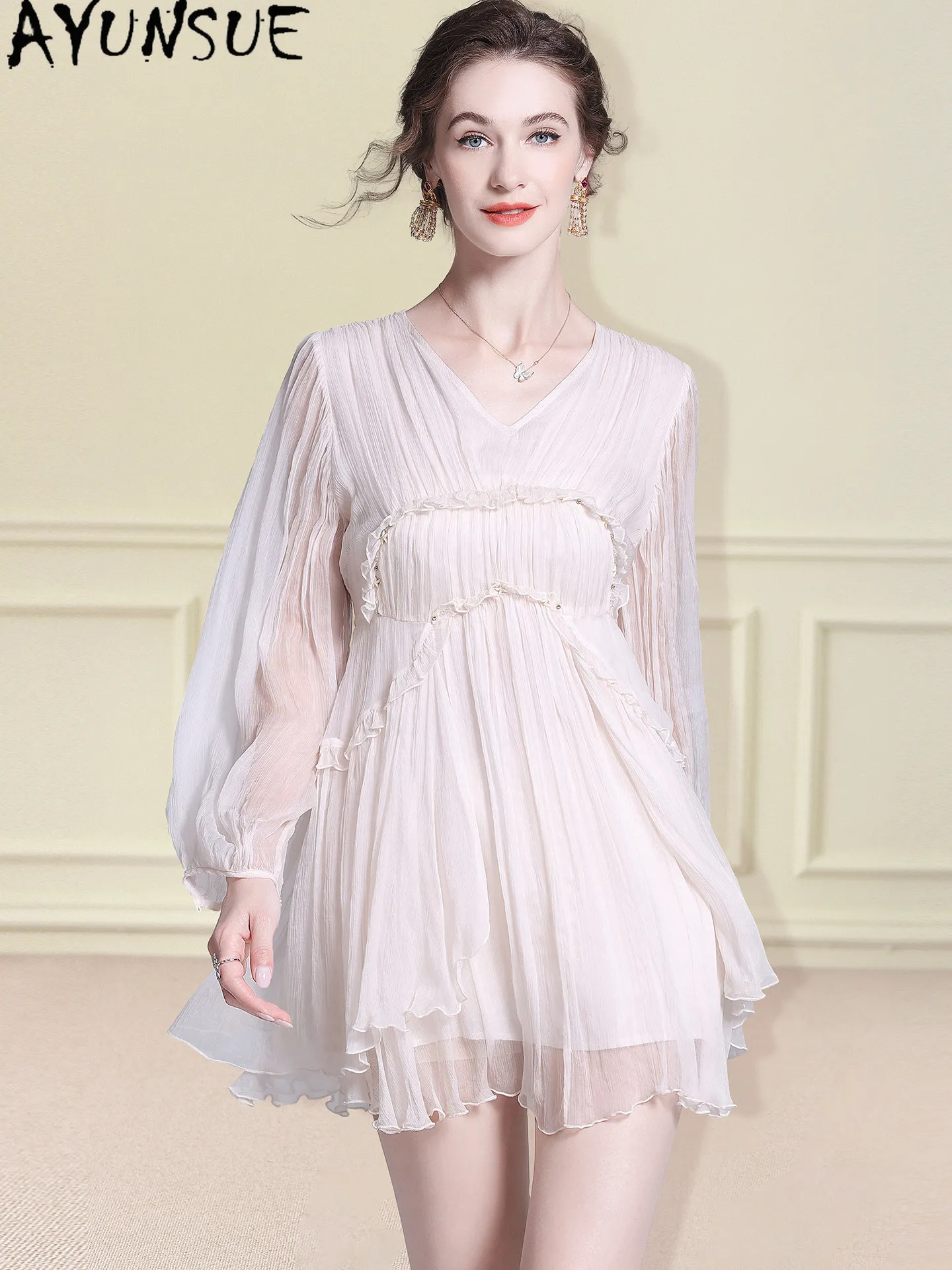 

AYUNSUE 100% Natural Mulberry Silk Womens Dresses Elegant Dresses for Women Spring Summer Clothes Mini Dress Платье Женское