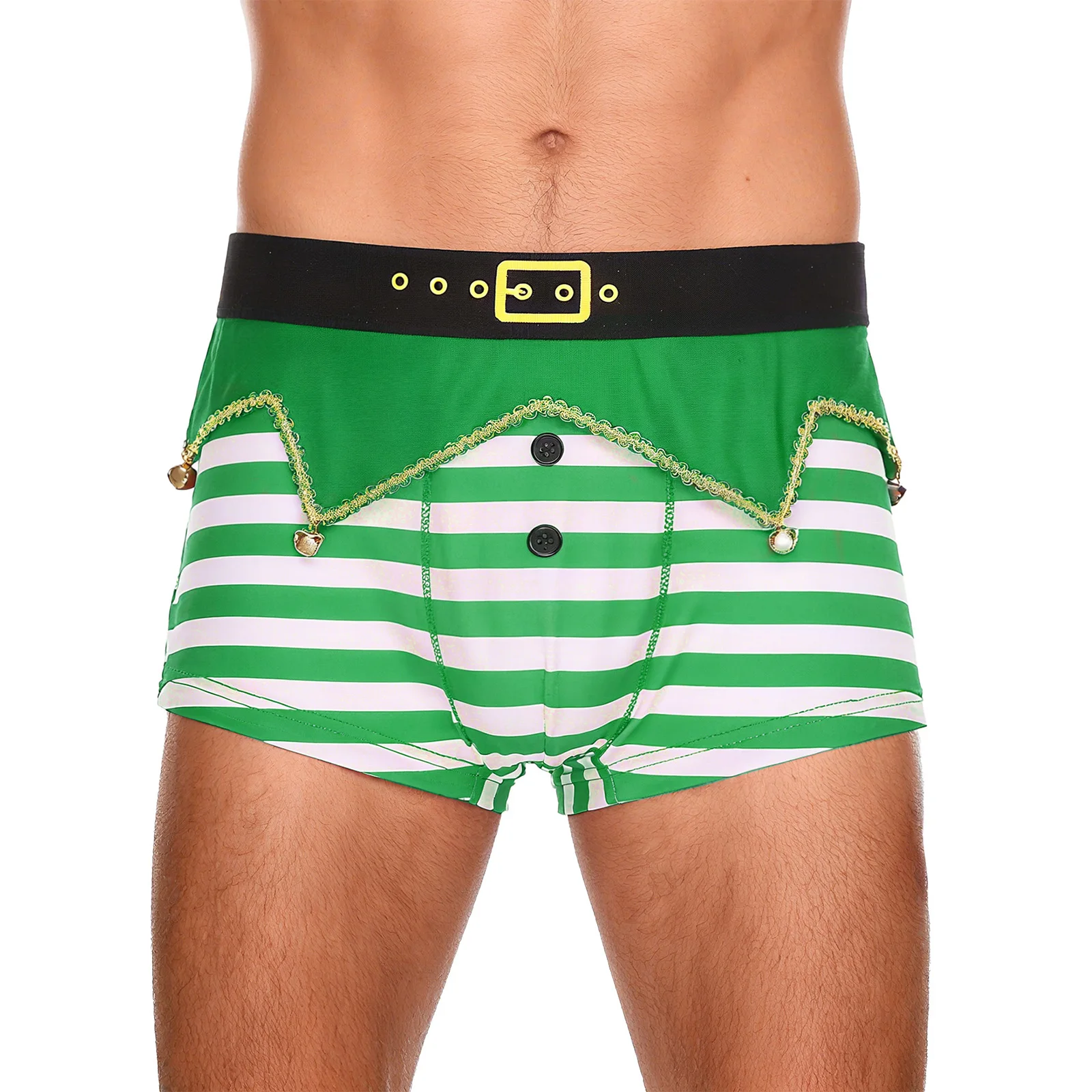 Men Christmas Elf Striped Underwear Funny Novelty Holiday Boxer Briefs Elastic Waistband Irregular Panel Bells Striped Shorts