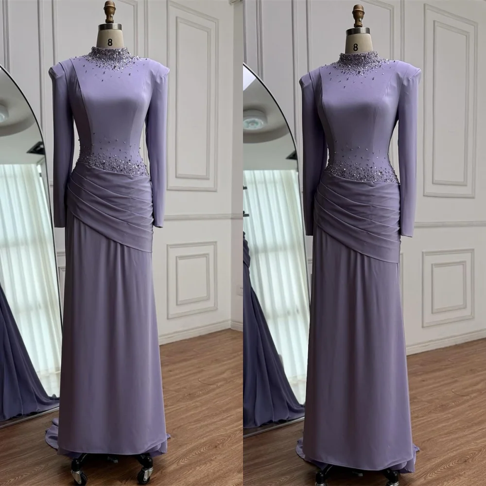 

Customized Classic Light Purple Jersey Evening Dress Modern High Neckline Long Sleeves Zipper Back Special Occasion Gowns