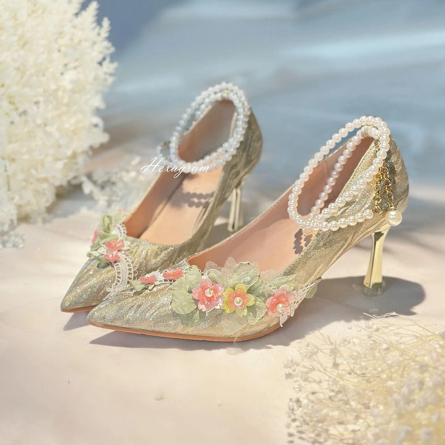Lolita Handmade Pointed Fine Sparkling Pearl Lace High Heels Wedding Lo Shoes Japanese Sweet Lolita Girl Tea Party Single Shoes