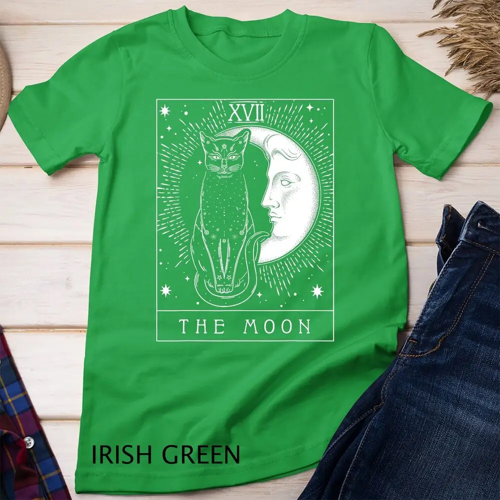 Unisex Tarot cartão t-shirt, lua crescente e gráfico do gato