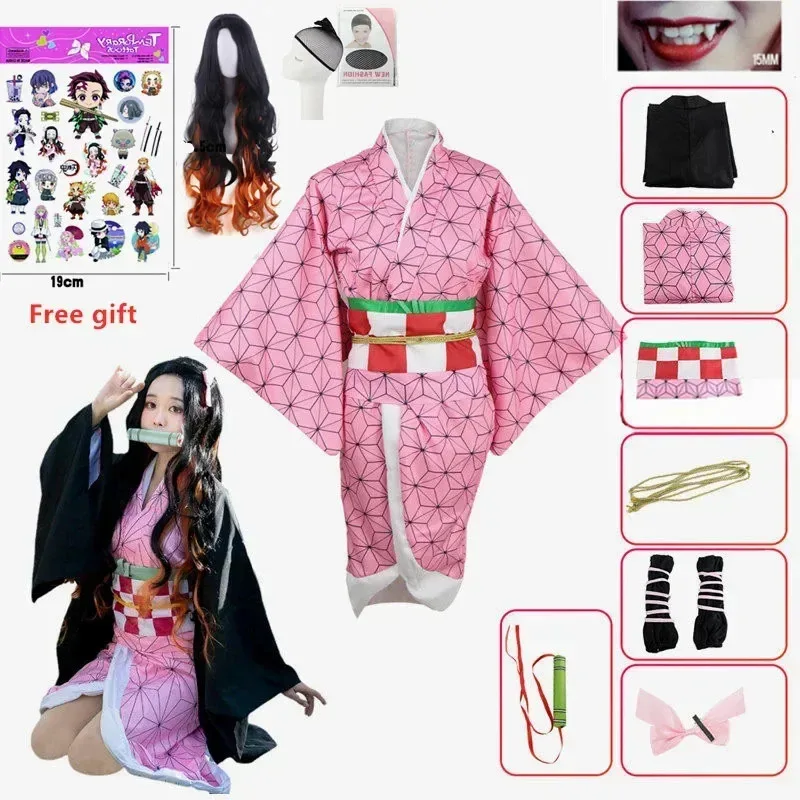 

Anime Nezuko Cosplay Costume Kimono Devil Hunter Kamado Nezuko Costume Wig Womens Girls Kimono Uniform Clothing