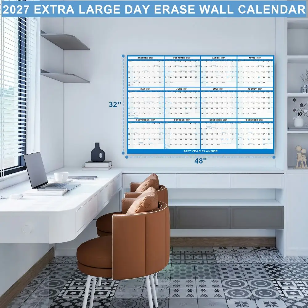Reusable 2027 Annual Planner Calendar Waterproof Erasable Dry Erase Calendar Planner Laminated Foldable Calendar Bulletin Board