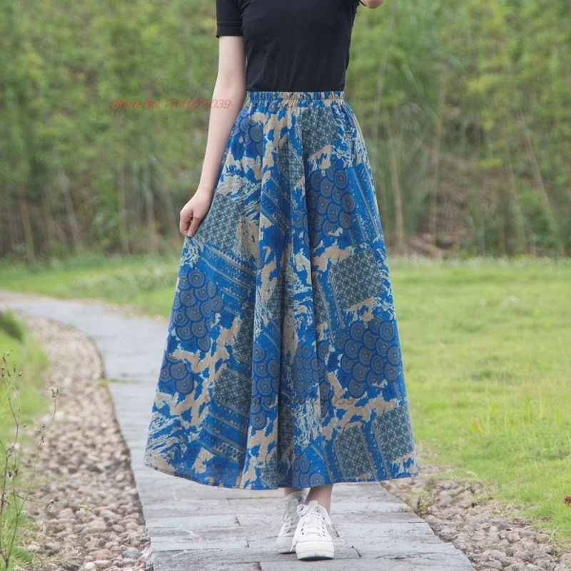 2025 chinese vintage skirt national flower print ethnic skirt oriental improved a-line elastic waist folk skirt retro streetwear