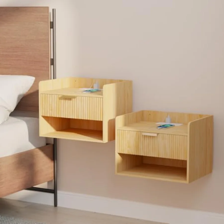 

Набор из 2-х подвесных прикроватных тумбочек с зарядной станцией, современные настенные прикроватные столики с выдвижным ящиком и открытой полкой, выполненные в минималистичном стиле