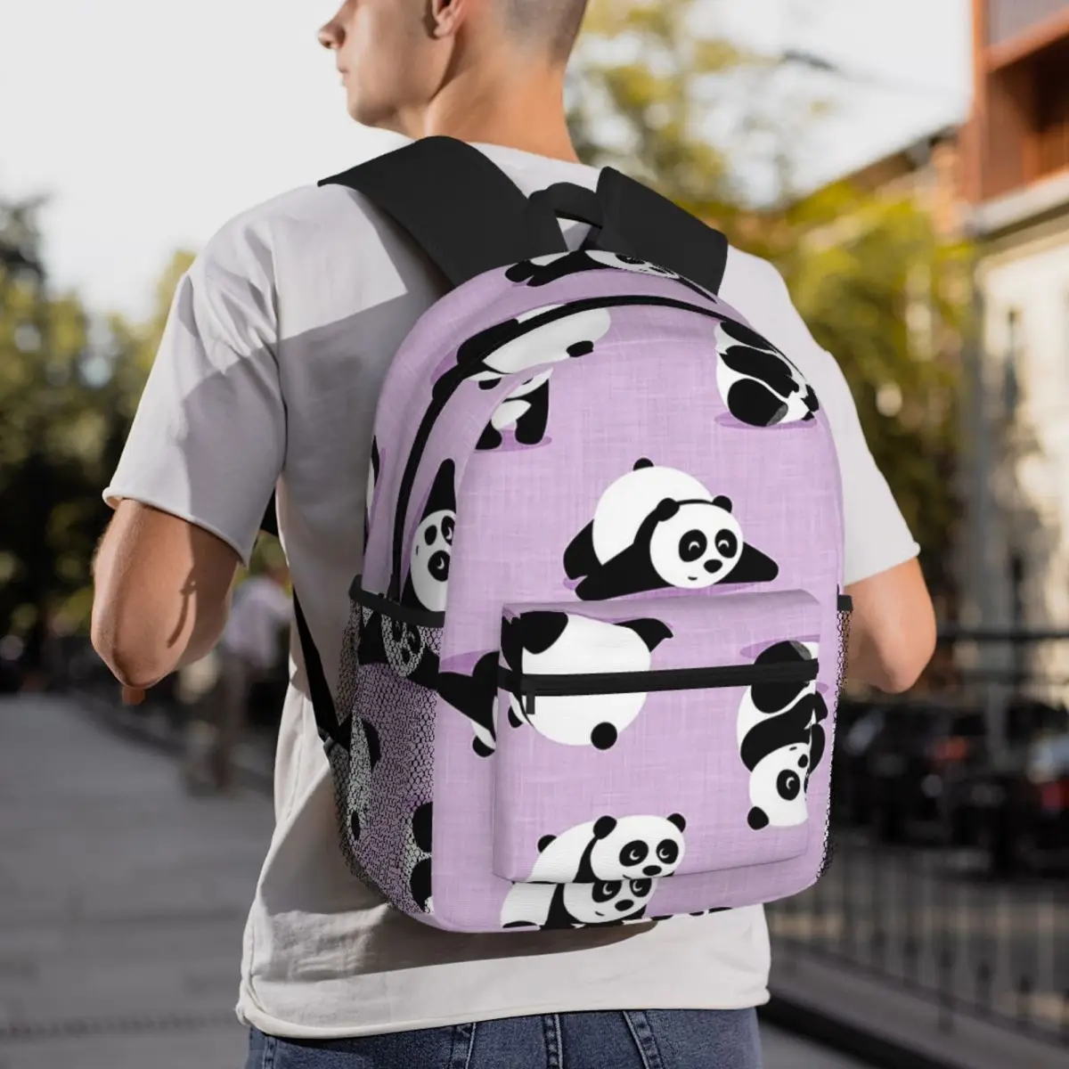 Cute Pandas On Purple Backpack Daypack Large Capacity Children BookBag School Bag Shoulder Bags for Men Women