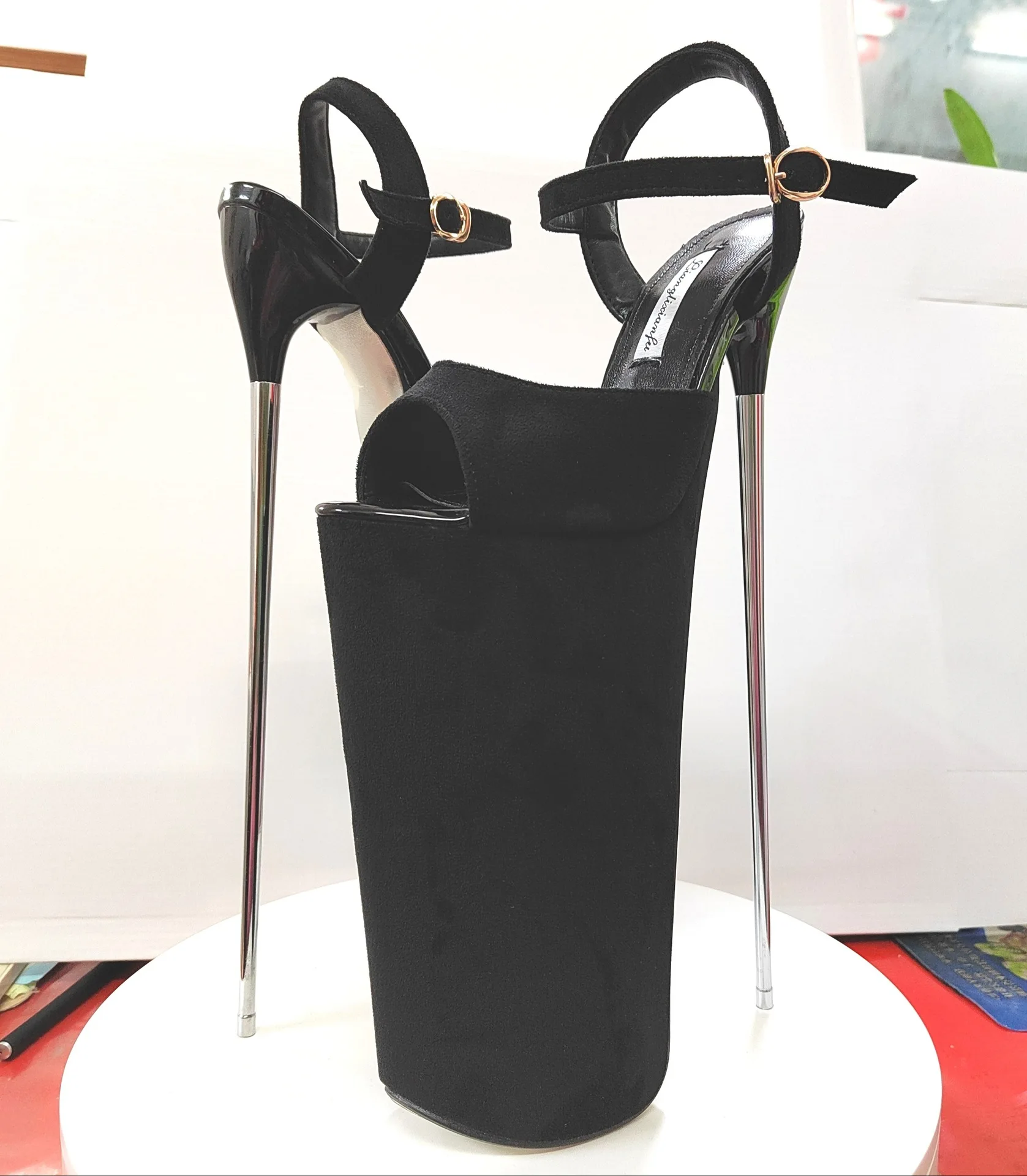 

New Super High Thin Heels 30 Cm Steel Heels Large Size Women's Sandals Suede Black Buckle Sky-high Sexy Shoes platform sandals ﻿