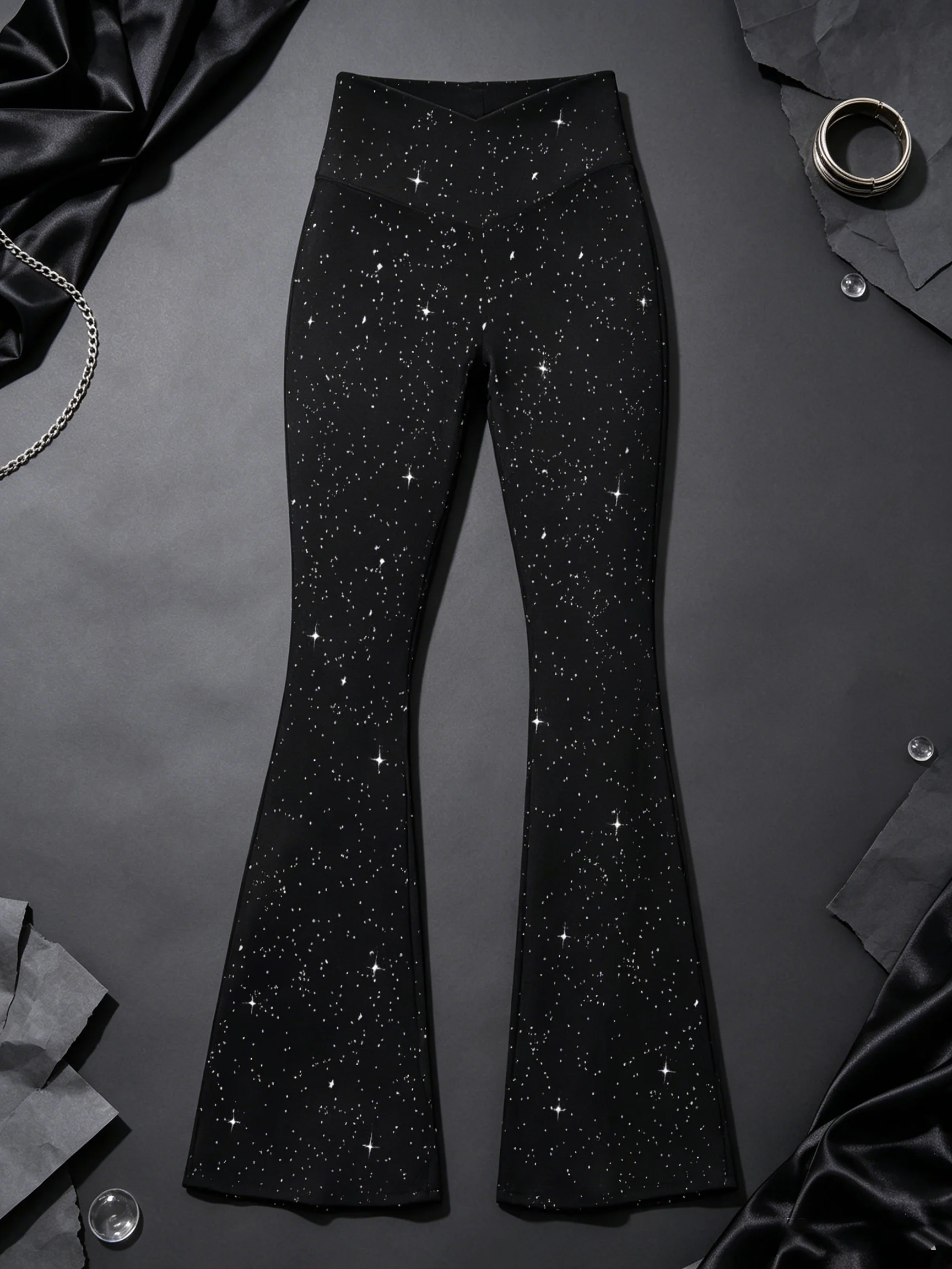 Women's Elegant Sequin Casual Pants Solid Color Comfortable Waist Cinched Flared Long Pants