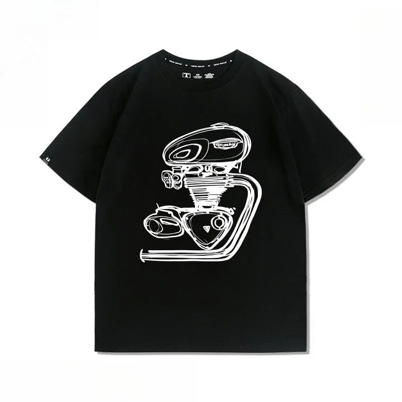 New Trendy Motorcycle Engine Modified T120 Retro Printed T-shirt for Car Enthusiasts, Men's Loose Shirt