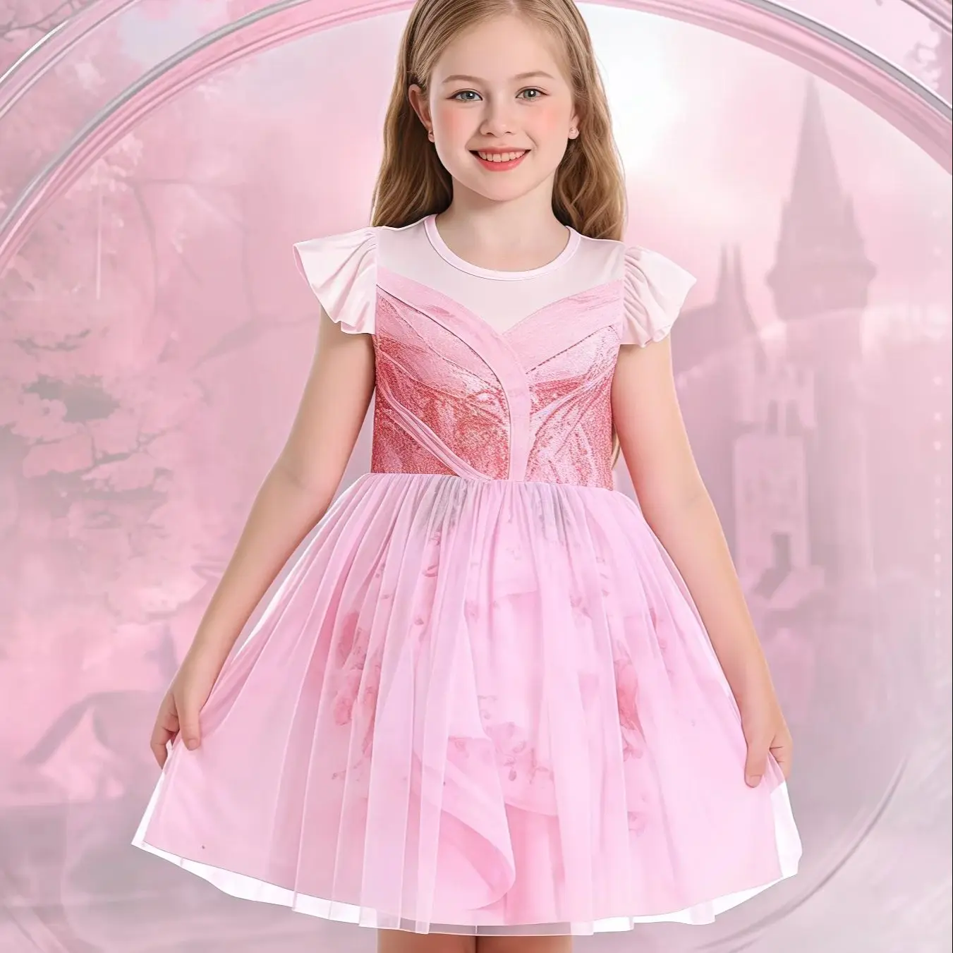 

Good Witch Costume For Girls Kids Pink Printed Princess Dress For Children Halloween Birthday Party Carnival Dress Up Outfits