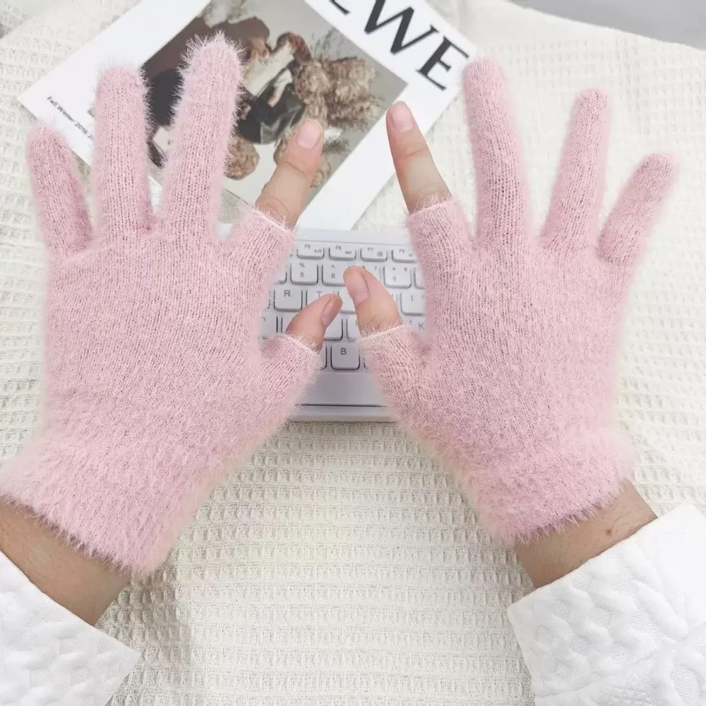 Solid Color Touch Screen Gloves Knitted Fabric Windproof Two-Finger Gloves Unisex Design Faux Rabbit Fur Warm Winter Gloves