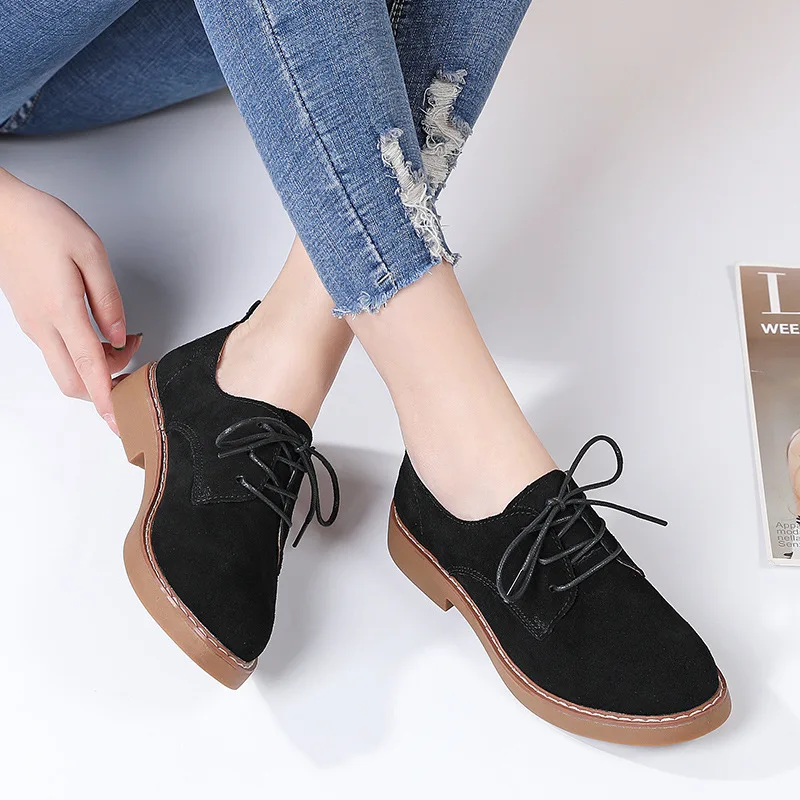 2023 Autumn Women Shoes Round Toe Suede Leather Shoes Lace Up Casual Flats Shoes Female Non slip Soft Sole Oxford Shoes WSH4640