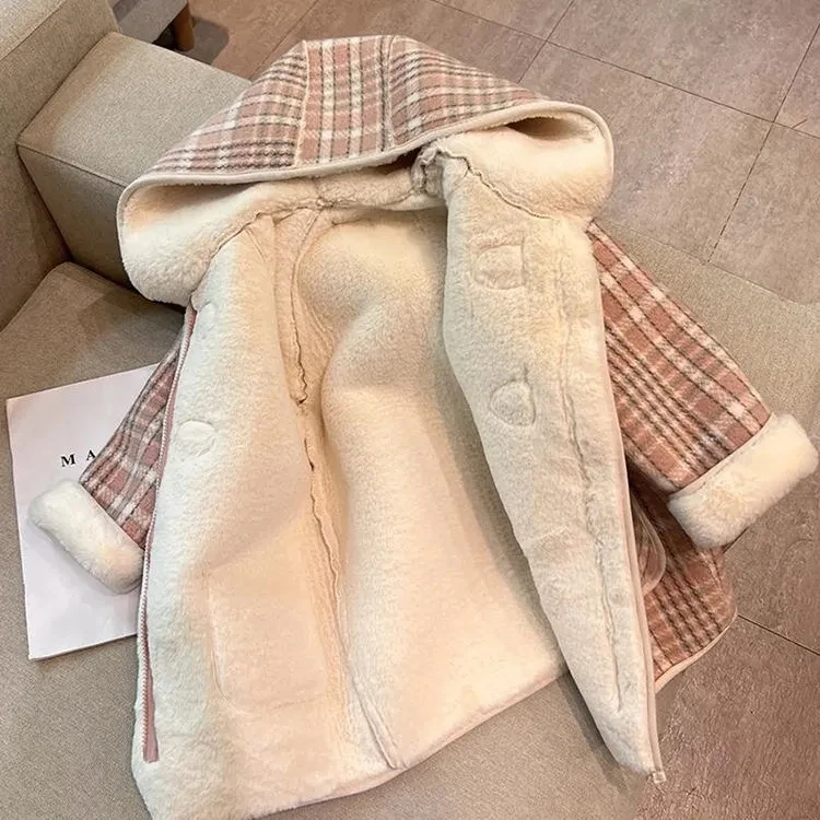 Children\'s Outerwear Coats Plaid Print Hooded Fleecing Coat for Girls Winter Jacket Clothes for Kids 2-9 Years Baby Girl Coat