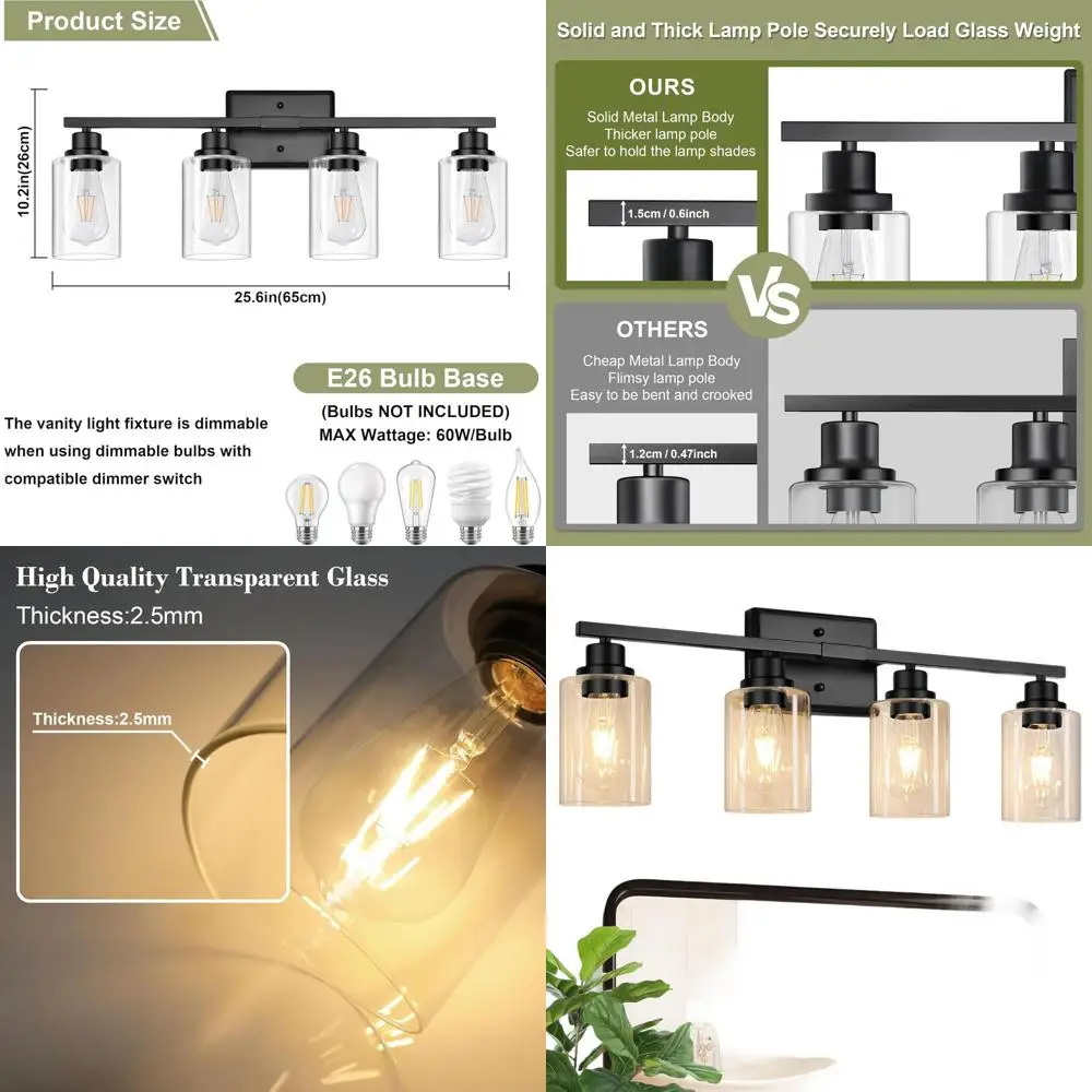 تركيبات إضاءة الحمام الحديثة، 4 مصابيح زينة خفيفة فوق المرآة، مصباح حائط أسود مع زجاج شفاف لخزانة غرفة المعيشة #1