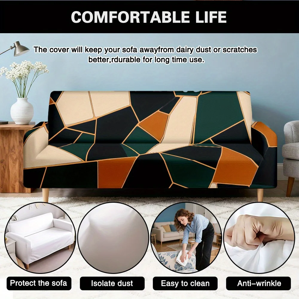 1pc Modern Abstract Geometric Gold Line Print Stretch Sofa Cover, Luxury Terrazzo Couch Slipcover for Mid Century Home Decor