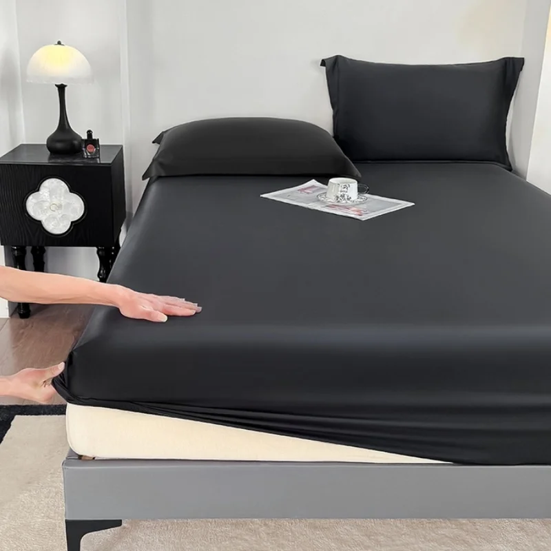 

1pc Black Lyocell Fitted Sheet ,Silky Smooth Cooling Mattress Cover With Elastic Bands For twin Full Queen Bed Home Textile