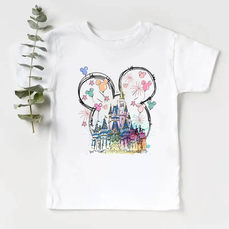 2024 Summer New Fashion Children's Clothing Girl Clothes 2 to 8 Years Disney Castle Print Cotton Short Sleeve Kids Tshirt